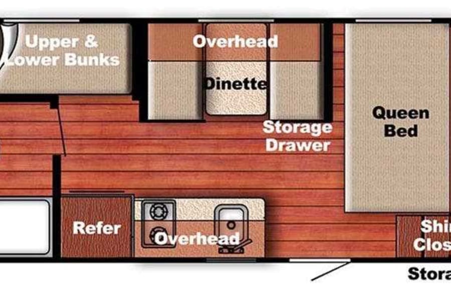 Overhead view of an **RV rental** floor plan: queen bed, bunks, dinette, kitchen, bathroom, and storage areas are labeled.