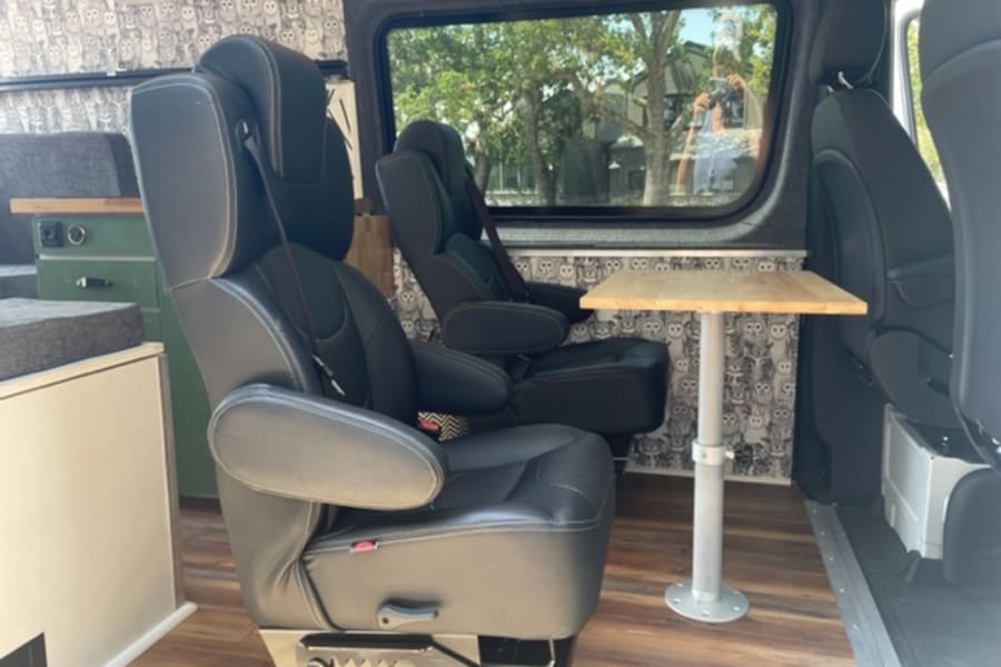 Passenger rear seats - black leather captains chairs.  Removable table is great for snacks & games!