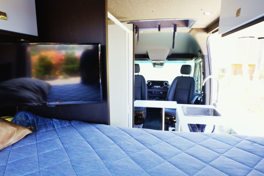 Rear view. Memory foam mattress sleeps two comfortably, and three in a pinch.  