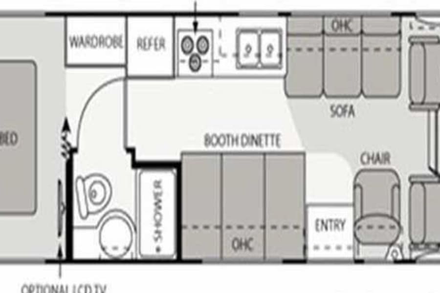 RV rental floor plan: A comfortable motorhome layout featuring a queen bed, full kitchen, bathroom, and living area.