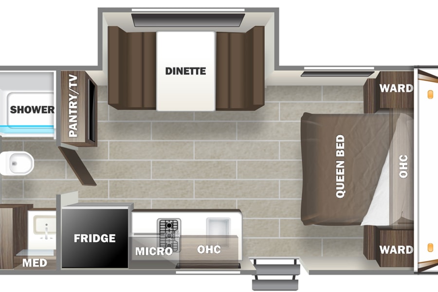 RV rental floor plan: A detailed interior layout of an Avenger RV, featuring a queen bed, dinette, kitchen, and bathroom amenities.