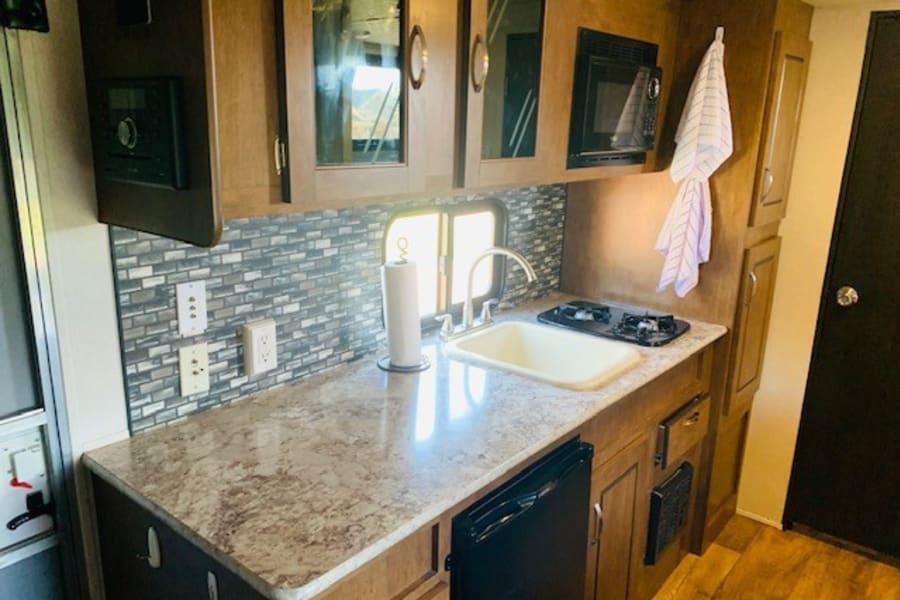 RV rental kitchen: compact yet functional with sink, 2-burner stove, microwave, fridge, and ample counter.