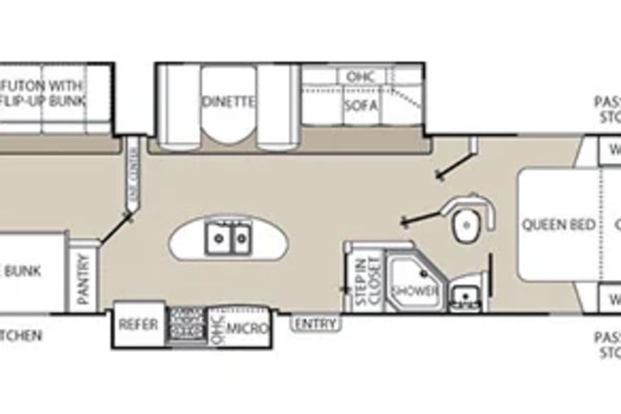 RV rental floor plan: A detailed interior layout with queen bed, bunks, kitchen, and living spaces.