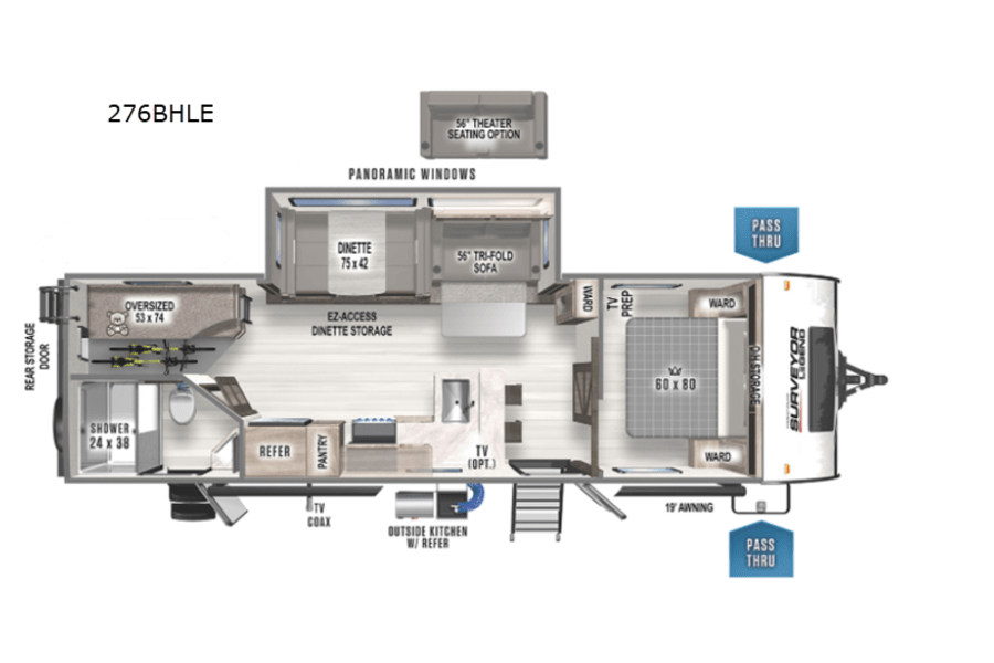 This 276BHLE rv rental floor plan shows a master bed, bunks, kitchen, dinette, and bath layout. Ideal for camping.