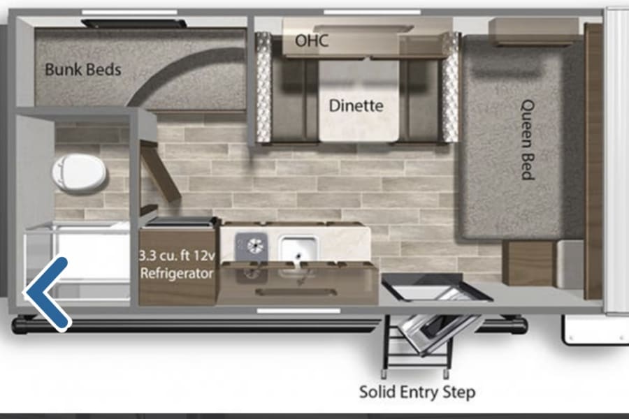 RV rental floor plan showing a queen bed, bunk beds, dinette, kitchen, and bathroom layout.