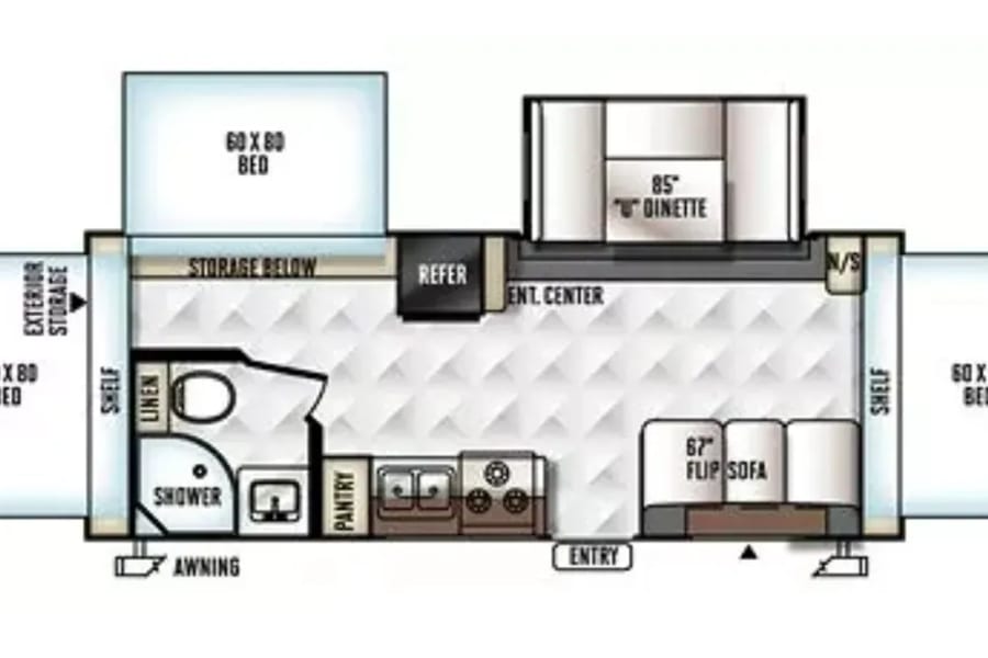 Detailed RV rental floor plan shows 3 beds, dinette, kitchen, bathroom, and living area. Perfect for your camper adventure.