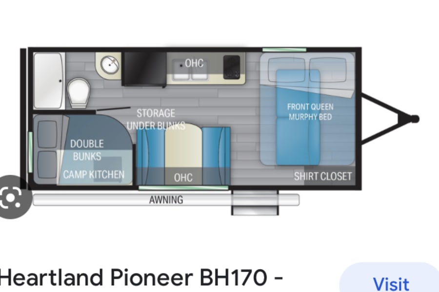 RV rental floor plan: Heartland Pioneer BH170. Features double bunks, Murphy bed, kitchen & storage.