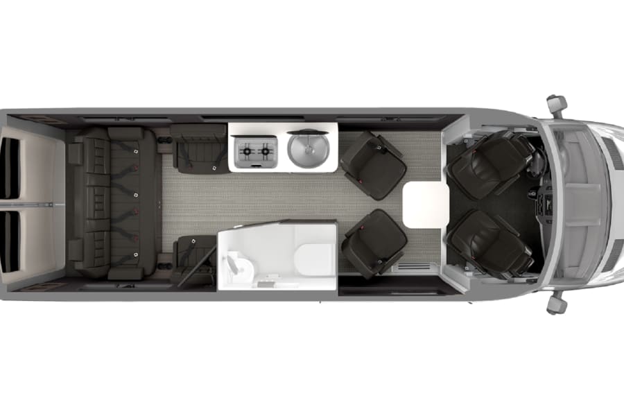 Overhead RV rental floor plan details interior layout: kitchen, bath, rear bench seating, and front swivel captain's chairs.