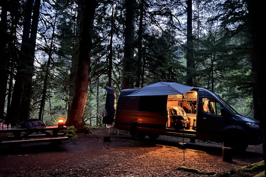 Night camp setup with moonshade awning