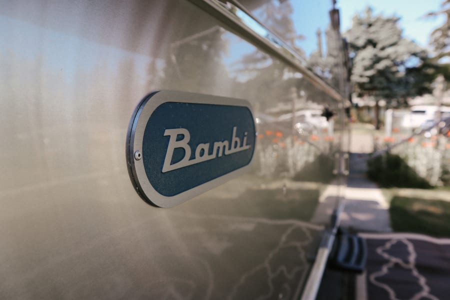 Close-up of the "Bambi" emblem on a polished Airstream travel trailer, reflecting outdoor scenery. Consider an RV rental!