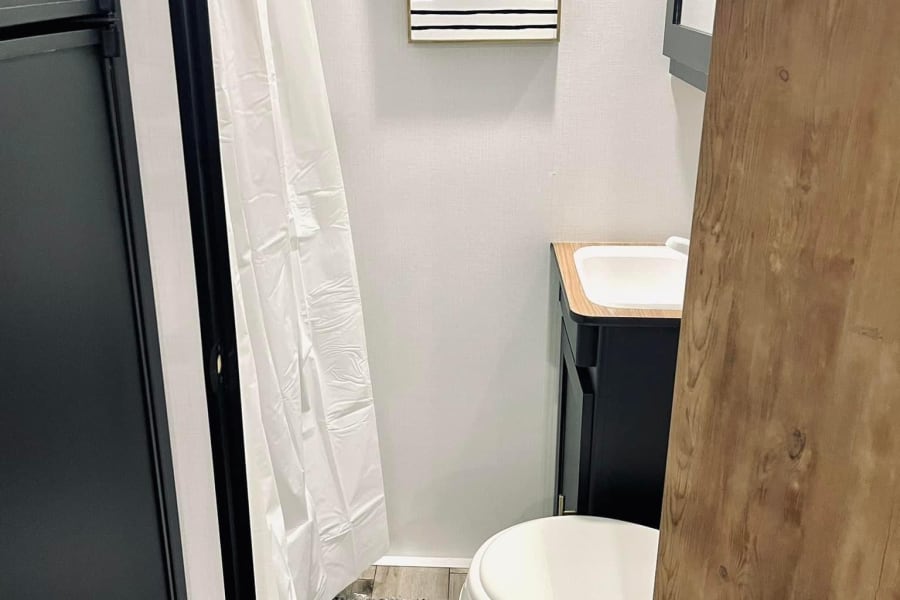 Compact RV rental bathroom: white shower, toilet, sink vanity, and wood-look details. Clean and functional.