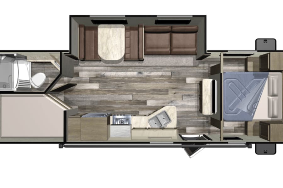 Detailed RV rental floor plan featuring two bedrooms, a kitchen, bathroom, and living area with dinette and sofa.