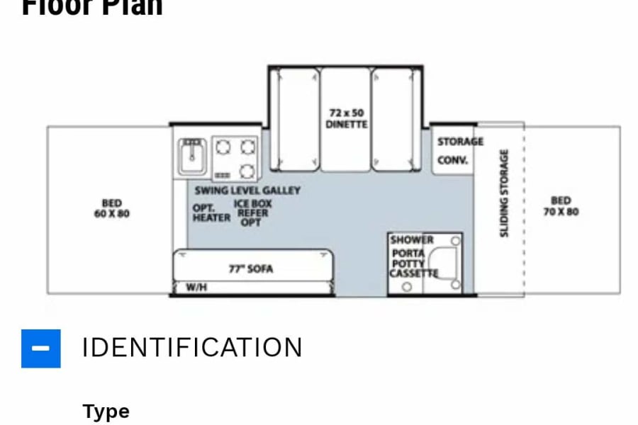 An RV rental: an expandable travel trailer shown with its interior floor plan and key specifications like an 8-person sleeping capacity.