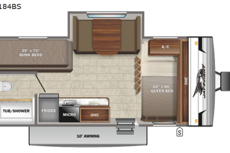 RV rental floor plan of a Jay Flight 184BS travel trailer, showcasing queen bed, bunks, kitchen, and full bath.