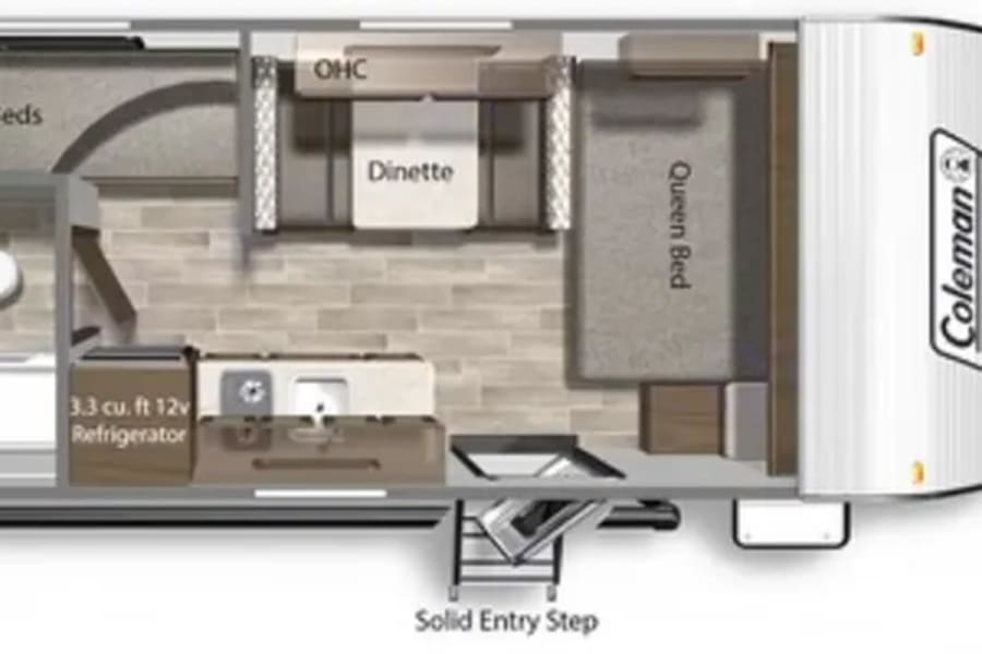 Detailed Coleman travel trailer RV rental floor plan, featuring a queen bed, bunk beds, dinette, and full kitchen.