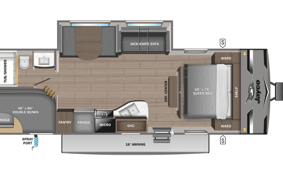 This RV rental floor plan shows a spacious layout with a queen bed, double bunks, kitchen, bath, sofa, and 16' awning.