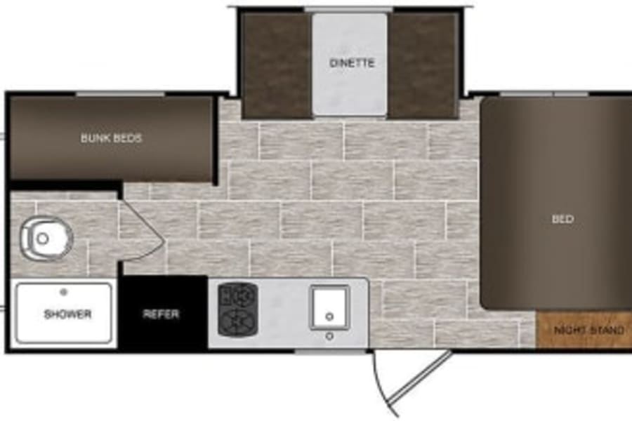 RV rental floor plan: A compact RV interior showing a bed, bunk beds, dinette, kitchen, and bathroom layout.