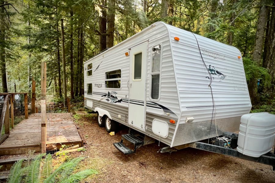 White travel trailer (RV rental) parked on a dirt lot amidst tall trees at a tranquil forest campsite.