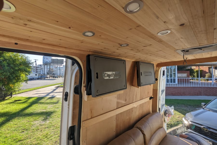 Cabinets can collapse flat.  Nine LED lights brighten the RV interior. 