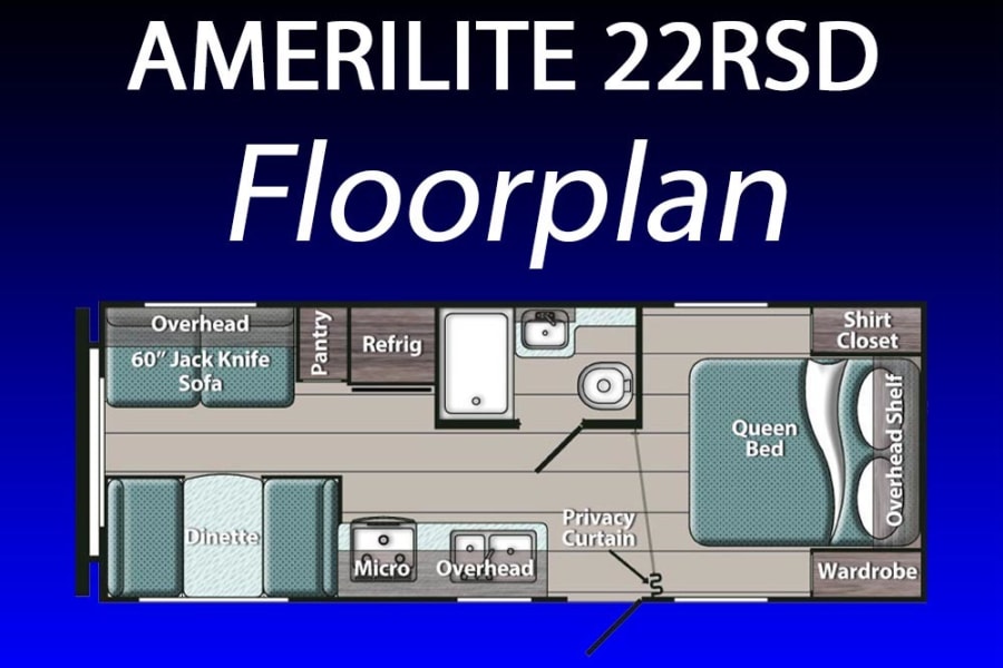 AMERILITE 22RSD RV travel trailer floorplan. See the layout for your next RV rental: queen bed, dinette, sofa, kitchen & bath.