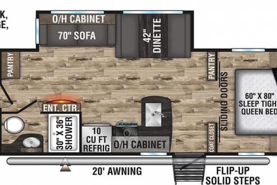 Explore this versatile **rv rental** floor plan with a queen bed, bunk beds, flexible living space, kitchen, and bath. Perfect for trips!
