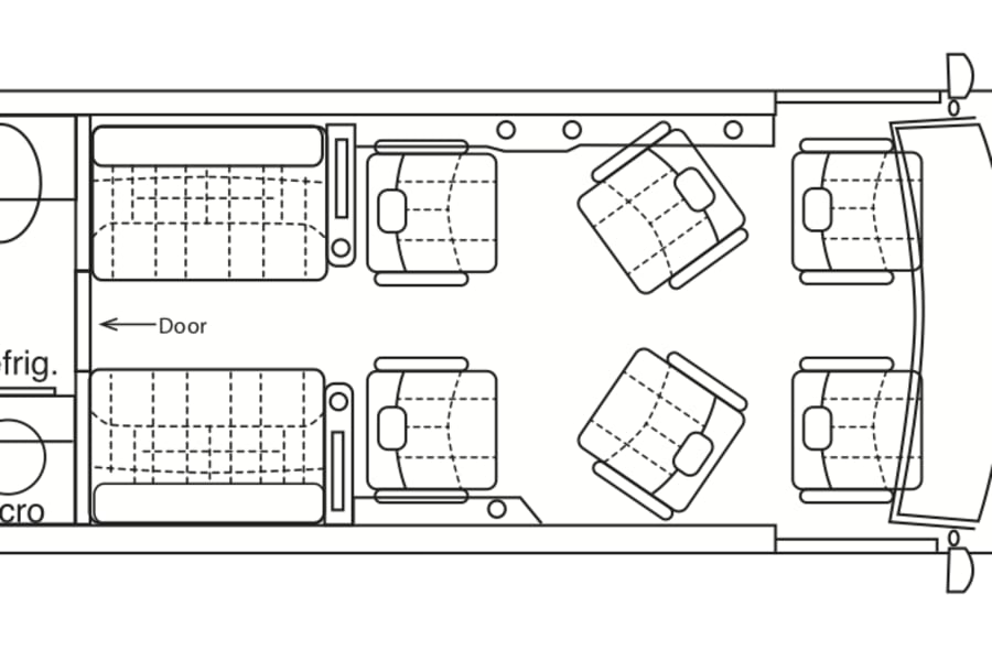 RV rental floor plan of a camper van: Front cabin, swiveling seats, rear bench beds, plus refrigerator and microwave.