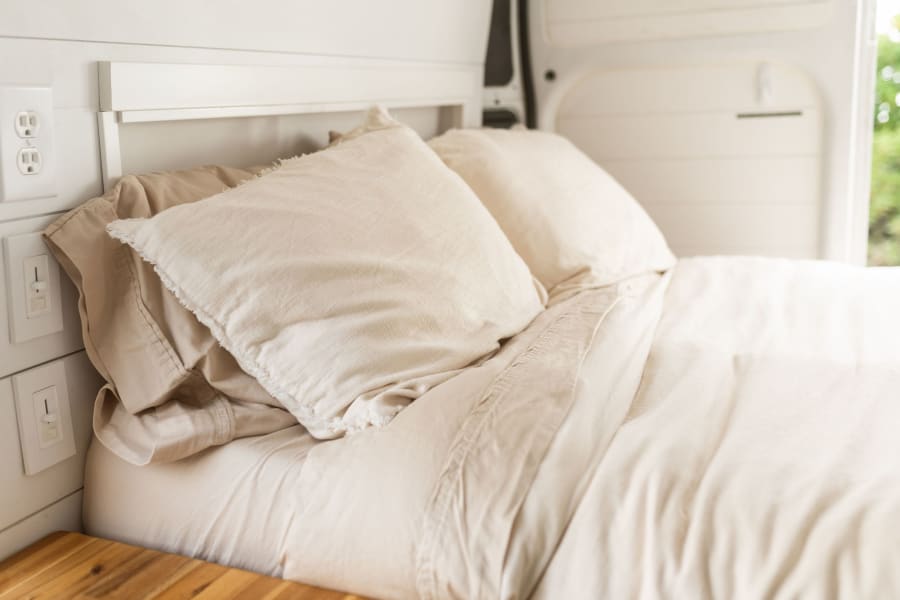 Our beds get the best reviews! Shirley holds a standard full bed and the coziest linens and mattress.