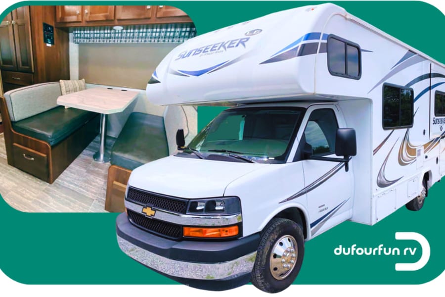 This Sunseeker RV rental showcases its spacious dinette interior and clean white exterior, ideal for your next adventure.