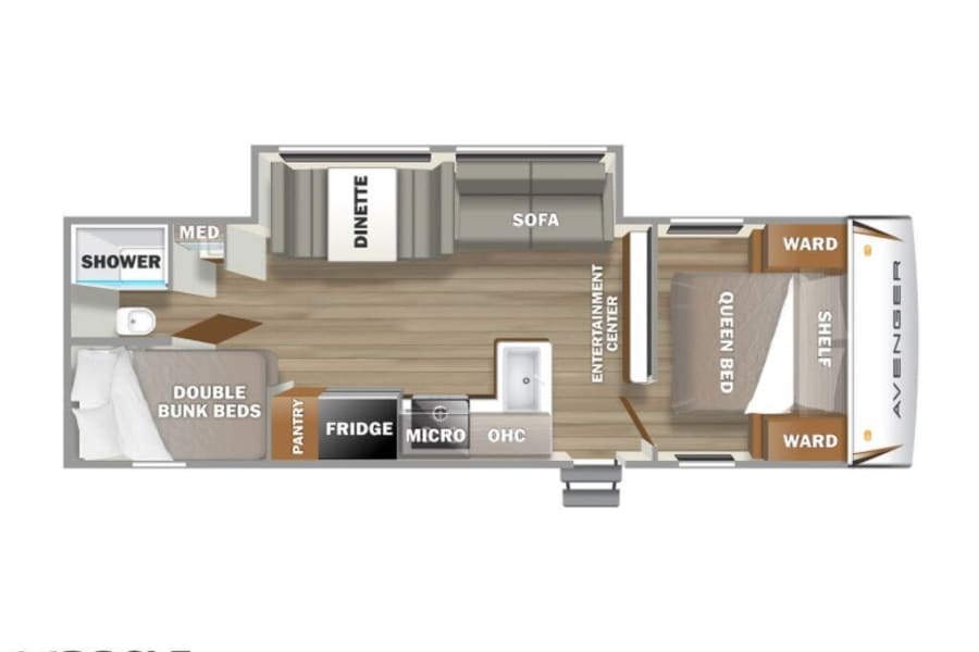 Detailed RV rental floor plan (26DBSLE) of a travel trailer, highlighting queen bed, bunks, kitchen
