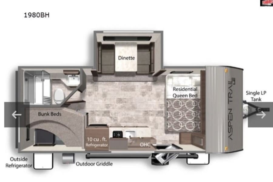 Detailed floor plan of a 1980BH Aspen Trail RV, featuring a queen bed, bunk beds, and dinette. Ideal for rv rental planning.