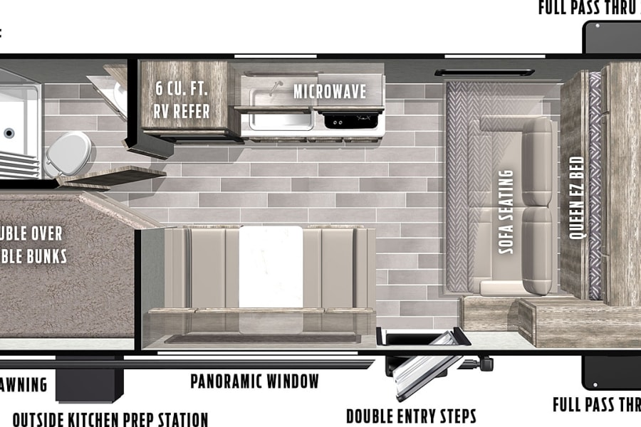 Detailed RV rental floorplan: shower, double bunks, full kitchen, Queen EZ bed, and outdoor awning. See RV layout & amenities.