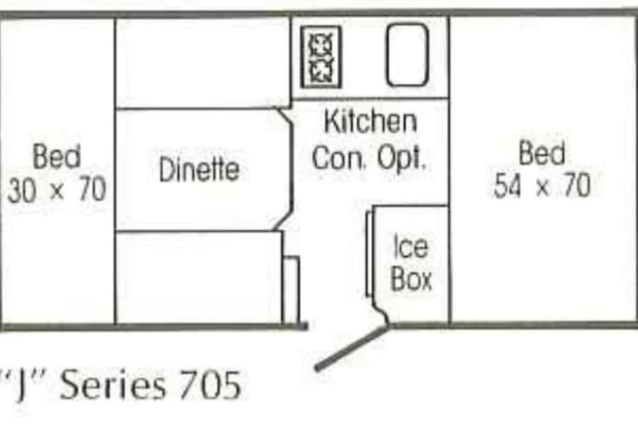 Compact RV rental floor plan: "J" Series 705, detailing beds, dinette, kitchen, and ice box layout.