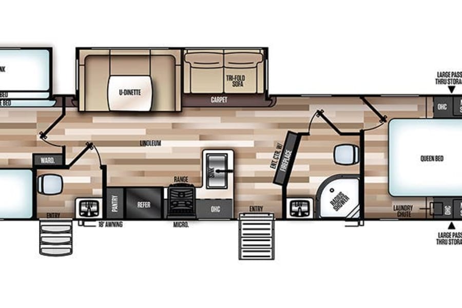 This RV rental floor plan details a spacious layout with queen, twin, bunk beds, kitchen, bath, dinette, sofa, and storage.