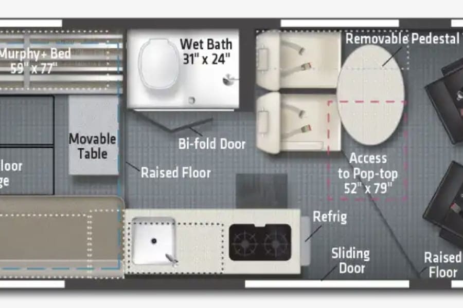 RV rental: detailed camper van interior layout with Murphy bed, wet bath, and flexible living area.