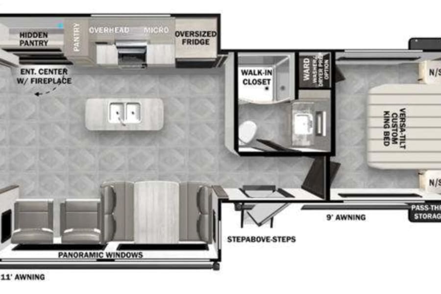 RV rental floor plan: spacious living, kitchen, king bed, bath, walk-in closet, and outdoor awnings.