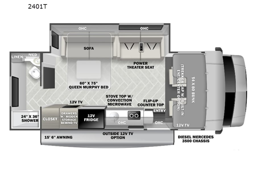 RV rental 2401T floor plan: This detailed layout features a queen Murphy bed, theater seats, kitchen, bath, and bunk.