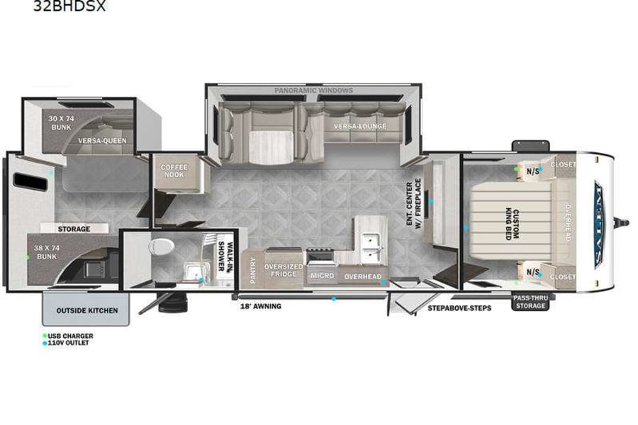 RV rental floor plan: This 32BHDSX travel trailer layout shows bunk beds, king bed, walk-in shower, and full kitchen for family adventures.