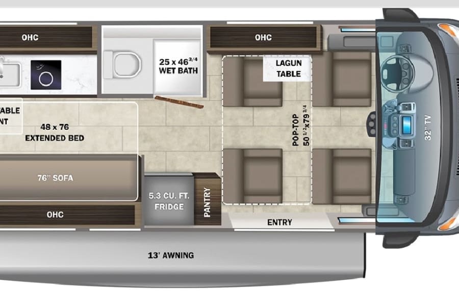 This RV rental floor plan displays the full interior layout: kitchen, wet bath, sofa/bed, fridge, dining, and cockpit.