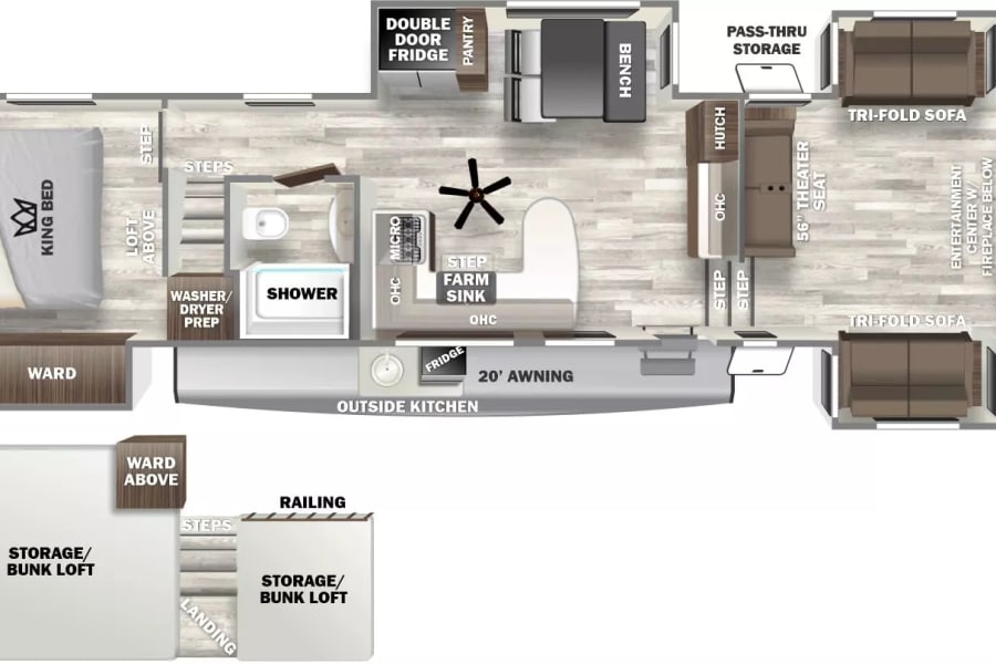 See this RV rental's spacious interior layout: bedroom, full kitchen, living room, bath, and bunk loft with storage.