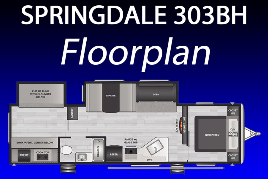Springdale 303BH RV rental floorplan: Detailed interior layout for a travel trailer, showing sleeping, kitchen, bath areas.