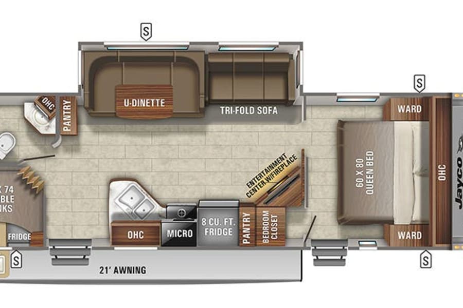 RV rental interior layout: See this travel trailer's floor plan featuring a queen bed, bunks, kitchen, dinette, & bath.