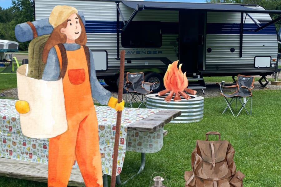Shep Adventures RV Rental: A blue & white travel trailer in a campsite, with watercolor art of a camper, fire, & gear. Book 2024!