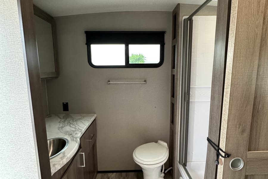 Large bathroom at the back of the trailer. 