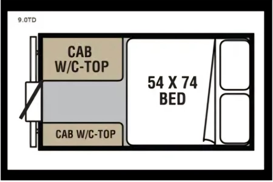 Compact RV rental floor plan for a truck camper, featuring a 54x74 bed and two cab-over sections.