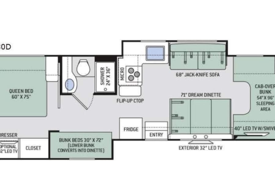 Detailed 30D RV rental floor plan: queen bed, bunks, full bath, kitchen, dinette, & cab-over bunk. All dimensions visible.