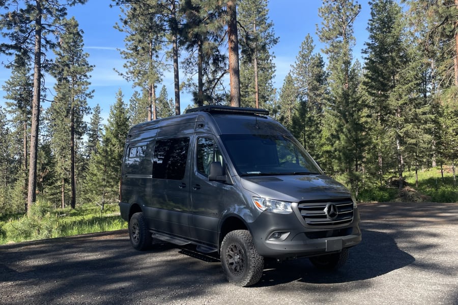 Gray Mercedes Sprinter camper van RV rental parked on gravel in a pine forest, ready for adventure.