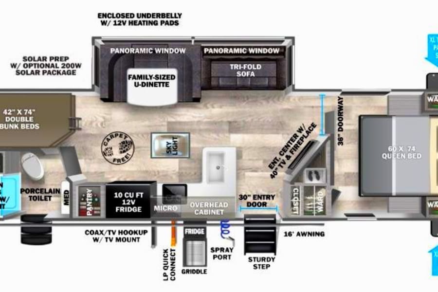 RV rental floor plan: Travel trailer layout with queen bed, bunk beds, U-dinette, full kitchen, and bath. Explore spacious RV living.