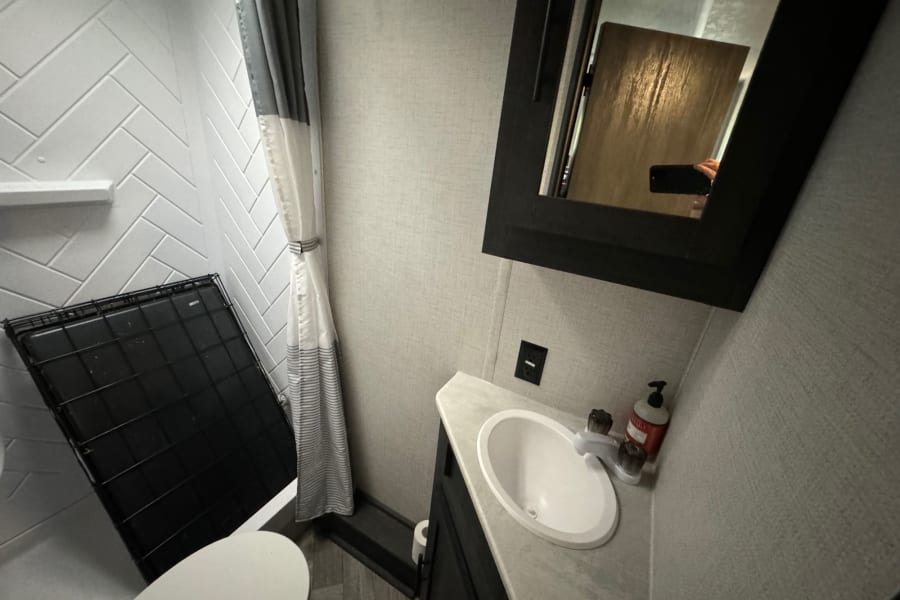Inside an RV rental: a compact bathroom with a shower (housing a dog crate), vanity, and toilet.