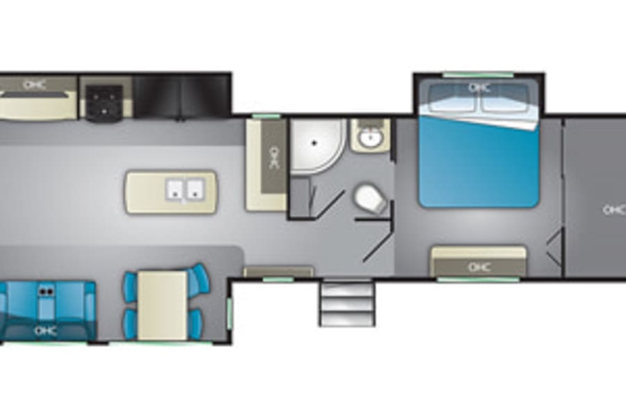 Detailed floor plan of an RV rental travel trailer, showing its spacious layout with living, kitchen, bath, and bedroom areas.