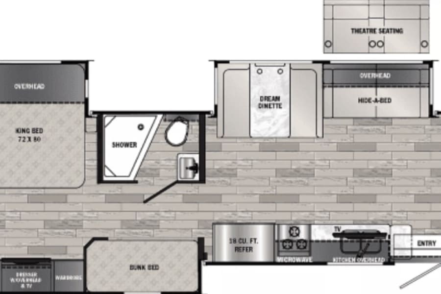 This RV rental floor plan reveals a spacious layout with king bed, two full baths, kitchen, dinette, and bunk beds for travel comfort.